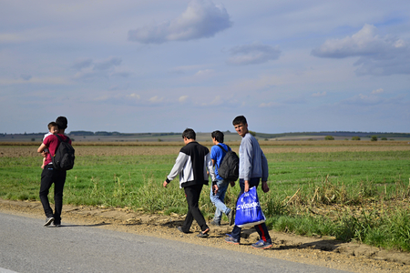 October 4, 2015; Sid in Serbia. Group of Afghan refugees leaving Serbia. They came by taxi to Sid And Then They leaving Serbia and Croatia to go to Germany and Then. Many of Them escapes from home Because of civil war.のeditorial素材