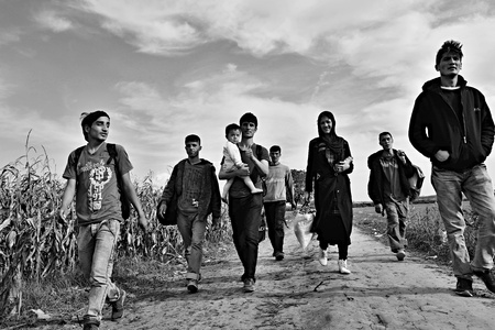 October 4, 2015; Sid in Serbia. Group of Afghan refugees leaving Serbia. They came to Sid by taxi and then they leaving Serbia and go to Croatia and then to Germany. Many of them escapes from home because of civil war.のeditorial素材