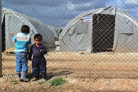 Syrian people in refugee camp in Suruc. These people are refugees from Kobane and escaped because of Islamic state attack. 30.3.2015, Suruc, Turkeyのeditorial素材