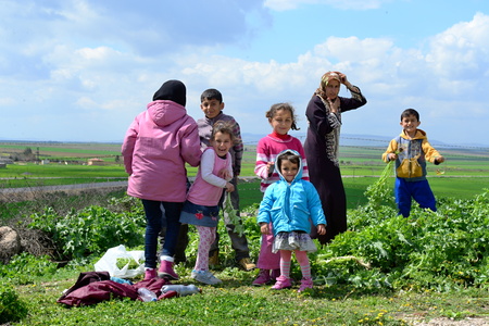 Syrian people in refugee camp in Suruc. These people are refugees from Kobane and escaped because of Islamic state attack. 3.4.2015, Suruc, Turkeyのeditorial素材