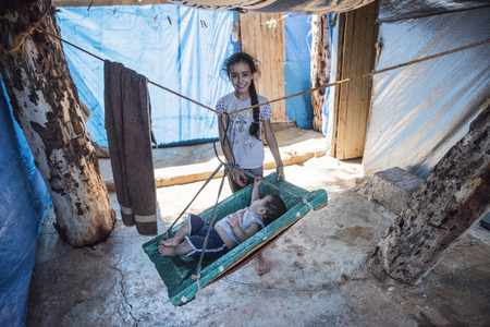 September 6, 2017, Akcakale, Turkey. Syrian people in unofficial refugee camp in Akcakale. These people are refugees from Idlib, Rakka and Aleppo and escaped because of Syrian civil war.のeditorial素材