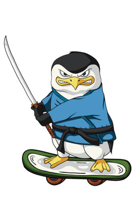 Judo Penguin with katana in blue kimono On skateboardの写真素材