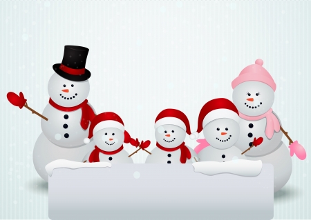 Vector Illustration Of snowman family in Christmas winter scene with sign のイラスト素材