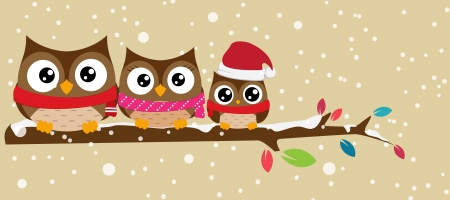 Vector Illustration  owl family on the branch christmas banner のイラスト素材
