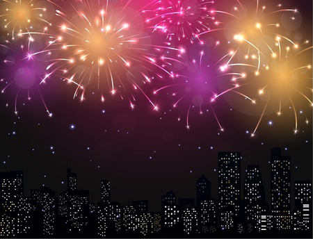 Beautiful Fireworks display with city skylineのイラスト素材