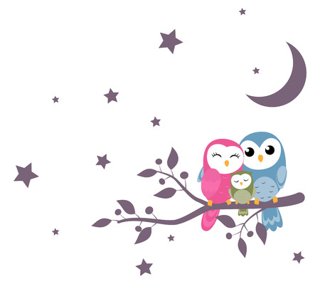 couples of owls family sitting on night sceneのイラスト素材
