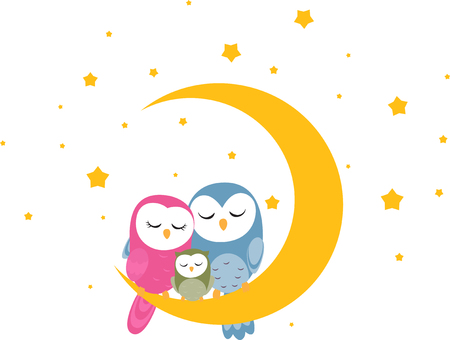 Owl family sleep on the moon background for wallpaperのイラスト素材