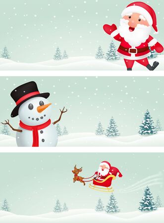 Christmas banner with santa claus and snowman on winter landscapeのイラスト素材