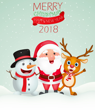 Merry Christmas background with Santa Claus, snowman and reindeer.のイラスト素材
