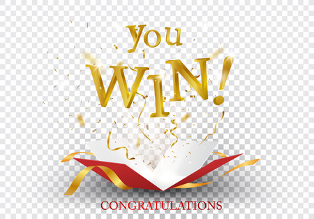Win text explosion on red box and gold confettiのイラスト素材