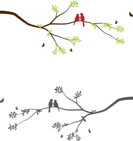 Cute birds with tree branchのイラスト素材