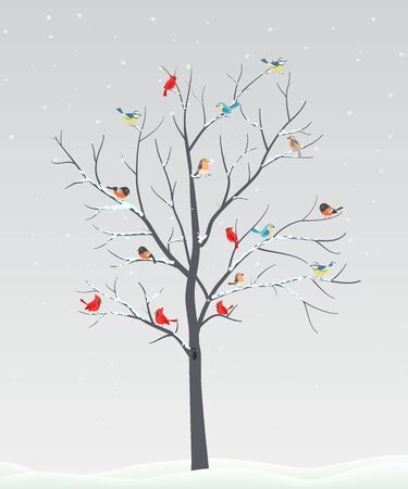 Cute birds with tree branch on winter sceneのイラスト素材