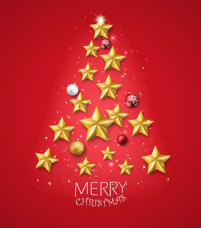 Merry christmas and happy new year banner with red and gold balls and confettiのイラスト素材