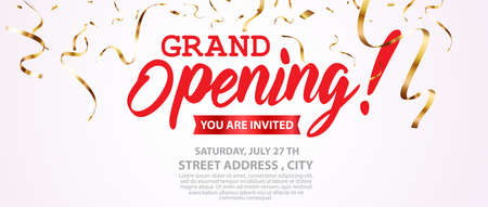 Vector Illustration of Grand opening card design with gold ribbon and confetti