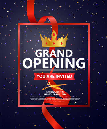 Vector Illustration of Grand opening card design with gold ribbon and confettiのイラスト素材