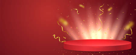 Vector Illustration of Podium background with gold confetti and lightのイラスト素材