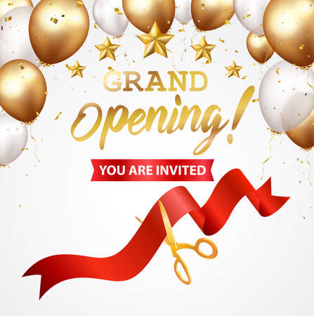 Vector Illustration of Grand opening card design with gold ribbon and confetti