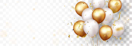 Vector Illustration of Celebration banner with gold confetti and balloons, isolated on transparent backgroundのイラスト素材