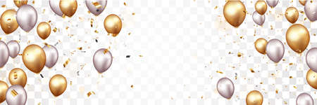 Vector Illustration of Celebration banner with gold confetti and balloons, isolated on transparent backgroundのイラスト素材