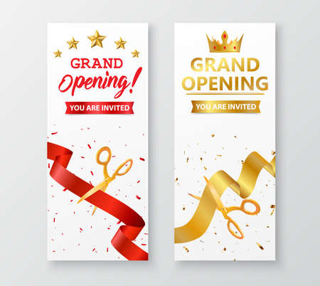 Vector Illustration of Grand opening card design with gold ribbon and confettiのイラスト素材