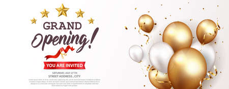 Vector Illustration of Grand opening card design with gold ribbon and confettiのイラスト素材