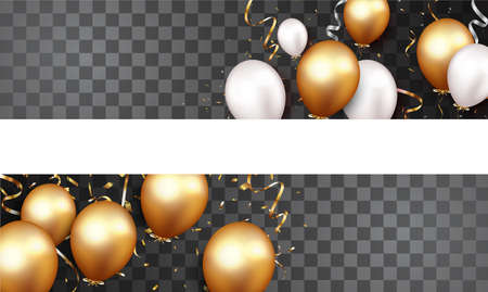 Vector Illustration of Celebration banner with gold confetti and balloons, isolated on transparent backgroundのイラスト素材