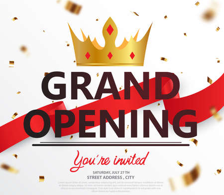 Vector Illustration of Grand opening card design with gold ribbon and confettiのイラスト素材