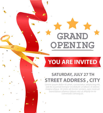 Vector Illustration of Grand opening card design with gold ribbon and confettiのイラスト素材