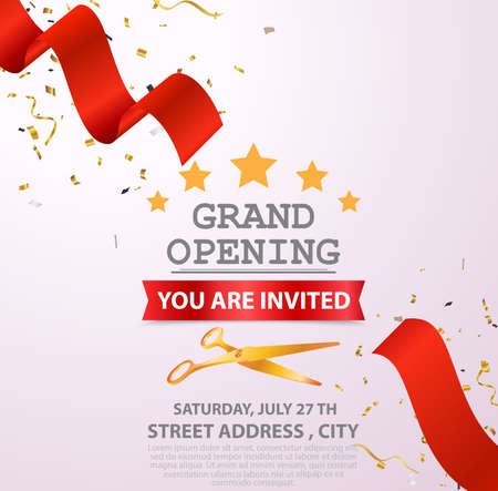 Vector Illustration of Grand opening card design with gold ribbon and confettiのイラスト素材