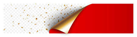 Vector Illustration of Curled corner of gold and red paper with shadow and confettiのイラスト素材