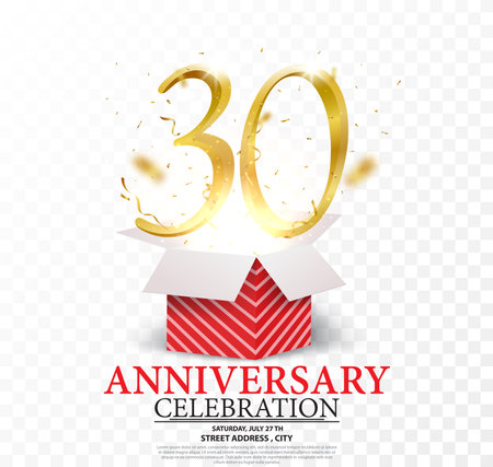 Vector Illustration of Anniversary celebration banner. Gold numbers with glitter gold confettiのイラスト素材