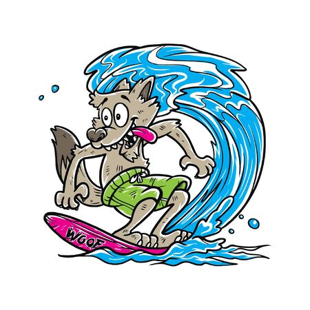 Cute Wolf Surf Cartoon Vectorのイラスト素材
