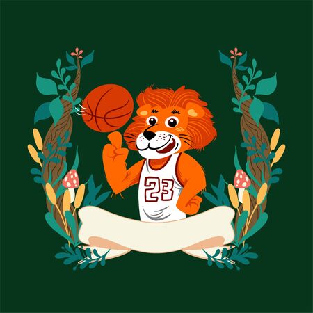 handdrawn vector cute cartoon lion wearing basket uniform with floral frameのイラスト素材