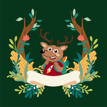 handdrawn vector cute cartoon deer bring bag to school with floral frameのイラスト素材