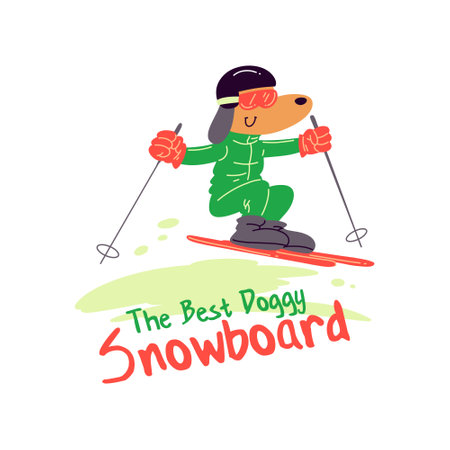 Vector illustration of a dog skiing in the mountains with lettering.のイラスト素材