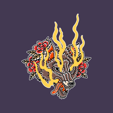 Fire Wolf Illustration In Traditional Tattoo Styleのイラスト素材