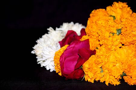 traditional Decorative background with marigold (tagetes), Chrysanthemum and rose flowers, isolated on blackの写真素材