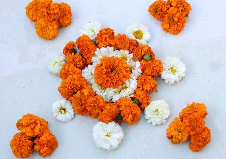 marigold and chrysanthemum flower round design, rangoli, floral art, traditional decoration with...