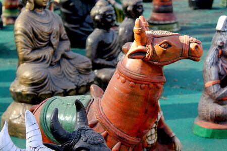 decorative Horse Sculpture Made with Earthen Mud, handcrafted traditional clay decoration in indian marketの写真素材