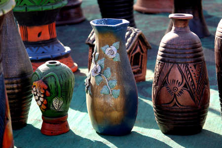 traditional and cultural decorative clay vase and pots in market, antique handcraft crockery...