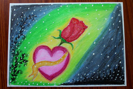 Red Rose Flower with Heart Valentine Day Proposal Scenery Painting, Abstract Art Backgroundの写真素材