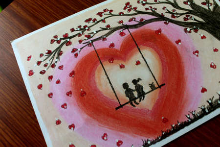 Couple Swing on love tree, Valentine day Special scenery Drawing, Painting Art Abstract backgroundの写真素材