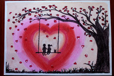 Couple Swing on love tree, Valentine day Special scenery Drawing, Painting Art Abstract backgroundの写真素材