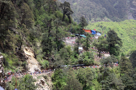 The shrine of Goddess Yamuna nestled in the Himalayan Yamunotri Valley. uttarakhand, india.の写真素材