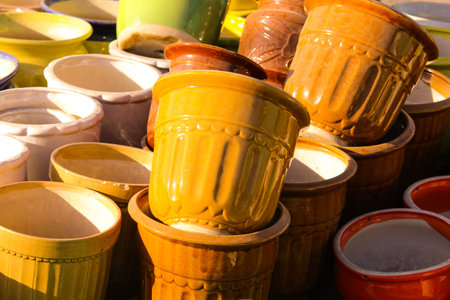 Traditional Indian handmade Items of Earthenware Or Ceramic at a Vendor Stall,decorative Sculpture Made with Earthen Mud, handcrafted traditional clay decoration toy in indian marketの写真素材