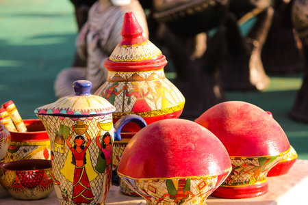 Traditional Indian handmade Items of Earthenware Or Ceramic at a Vendor Stall,decorative Sculpture...