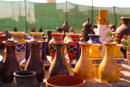 Traditional Indian handmade Items of Earthenware Or Ceramic at a Vendor Stall,decorative Sculpture...