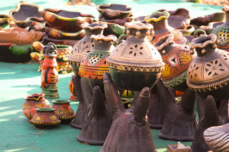 Traditional Indian handmade Items of Earthenware Or Ceramic at a Vendor Stall,decorative Sculpture...
