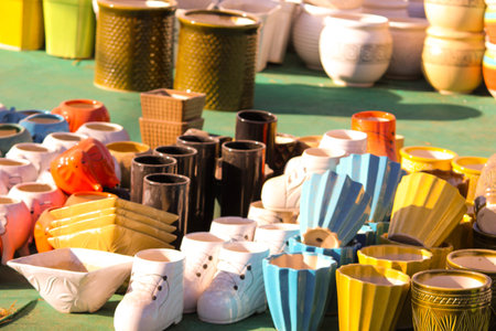 Traditional Indian handmade Items of Earthenware Or Ceramic at a Vendor Stall,decorative Sculpture...