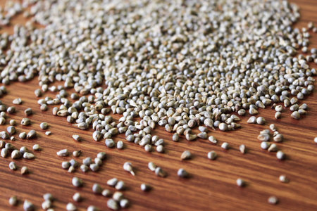 Pearl Millet (Pennisetum glaucum) or Bajra, in a bowl. Isolated on a brown wooden background.selective focus with blurの写真素材